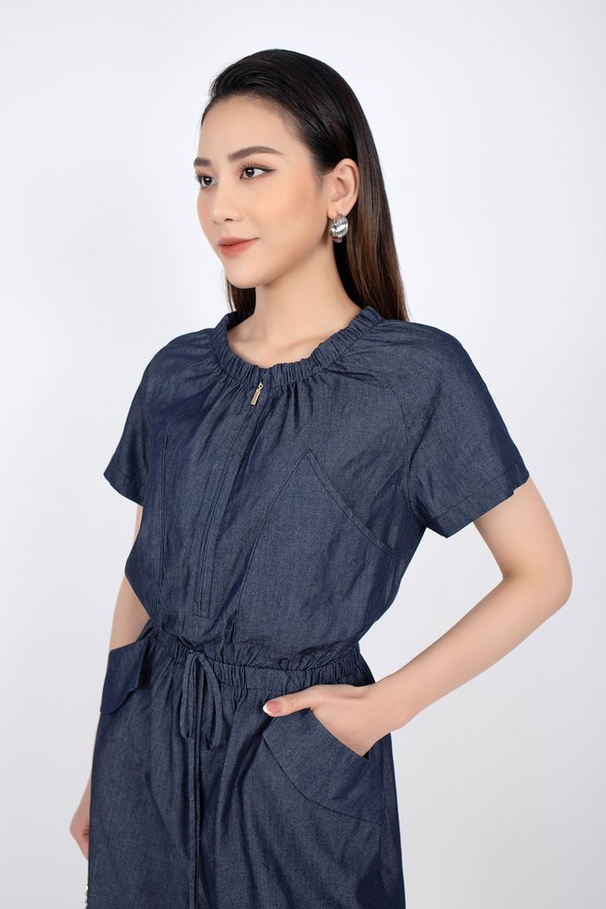 FJS3138 - Jumpsuit dạo phố vải thô dáng suông cổ tròn kéo khóa eo bo chun - PANTIO