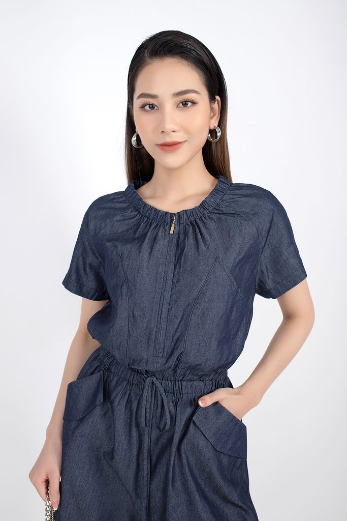 FJS3138 - Jumpsuit dạo phố vải thô dáng suông cổ tròn kéo khóa eo bo chun - PANTIO