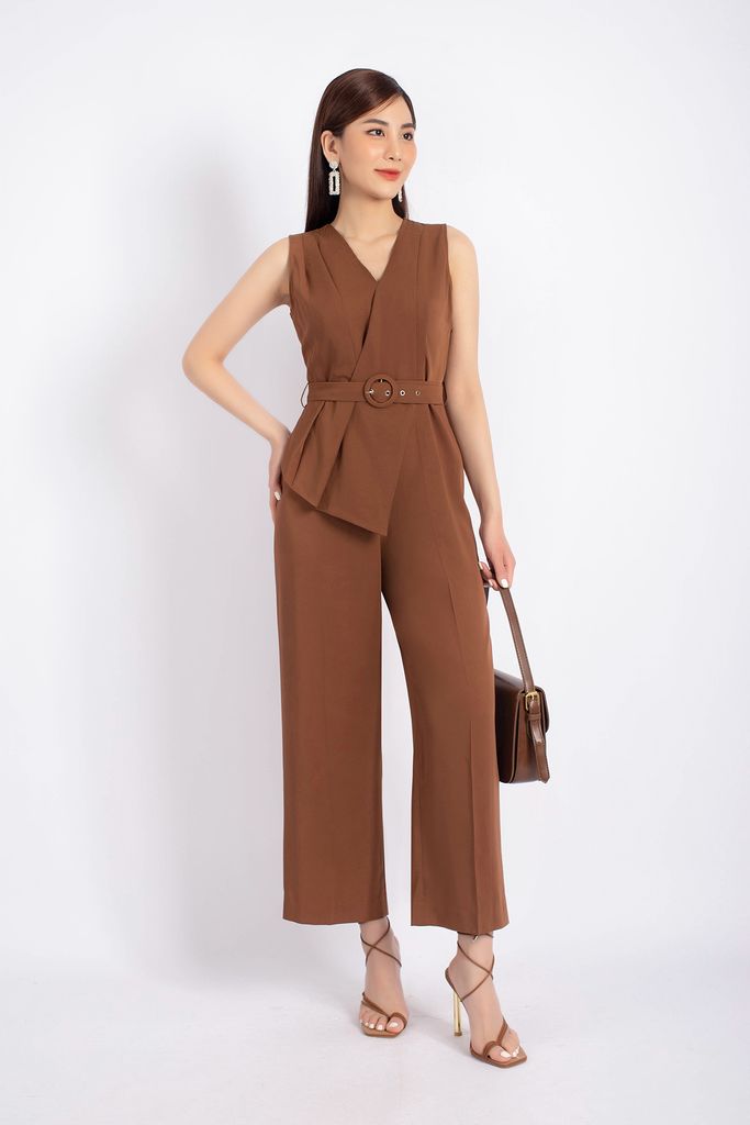 FJS3144 - Jumpsuit dạo phố vải tuytsi dáng suông thân áo vạt lệch kèm đai tạo kiểu quần ống rộng khóa thân sau - PANTIO