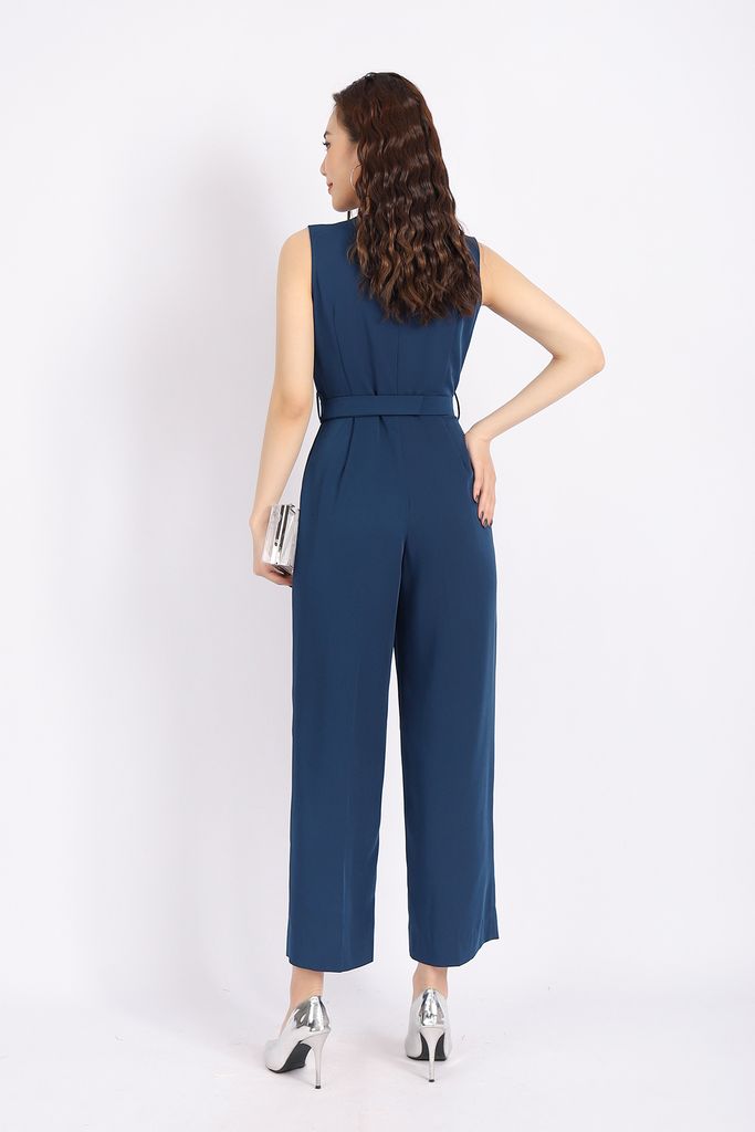 FJS3144 - Jumpsuit dạo phố vải tuytsi dáng suông thân áo vạt lệch kèm đai tạo kiểu quần ống rộng khóa thân sau - PANTIO