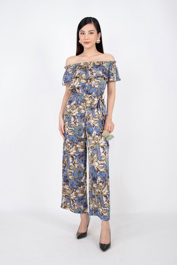 FJS3146 - Jumpsuit dạo phố vải lụa dáng ôm vai trễ đổ bèo eo chun kèm dây buộc nơ - PANTIO