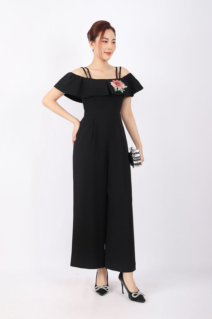 FJS3166 - Jumpsuit công sở vải tuytsi dáng suông ống rộng hai dây bèo ngực đổ vai phối họa tiết thêu khóa thân sau - PANTIO