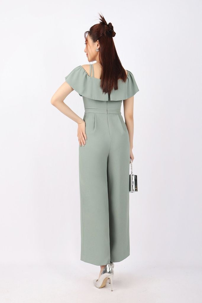 FJS3166 - Jumpsuit công sở vải tuytsi dáng suông ống rộng hai dây bèo ngực đổ vai phối họa tiết thêu khóa thân sau - PANTIO