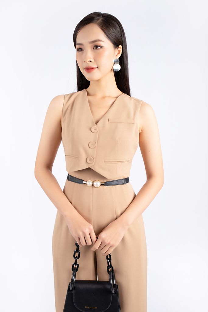 FJS5165 - Jumpsuit dạo phố vải tuytsi dáng suông cổ V kiểu áo vest quần ống rộng khóa thân sau - PANTIO