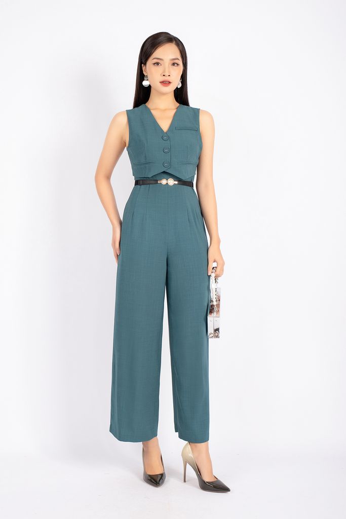 FJS5165 - Jumpsuit dạo phố vải tuytsi dáng suông cổ V kiểu áo vest quần ống rộng khóa thân sau - PANTIO