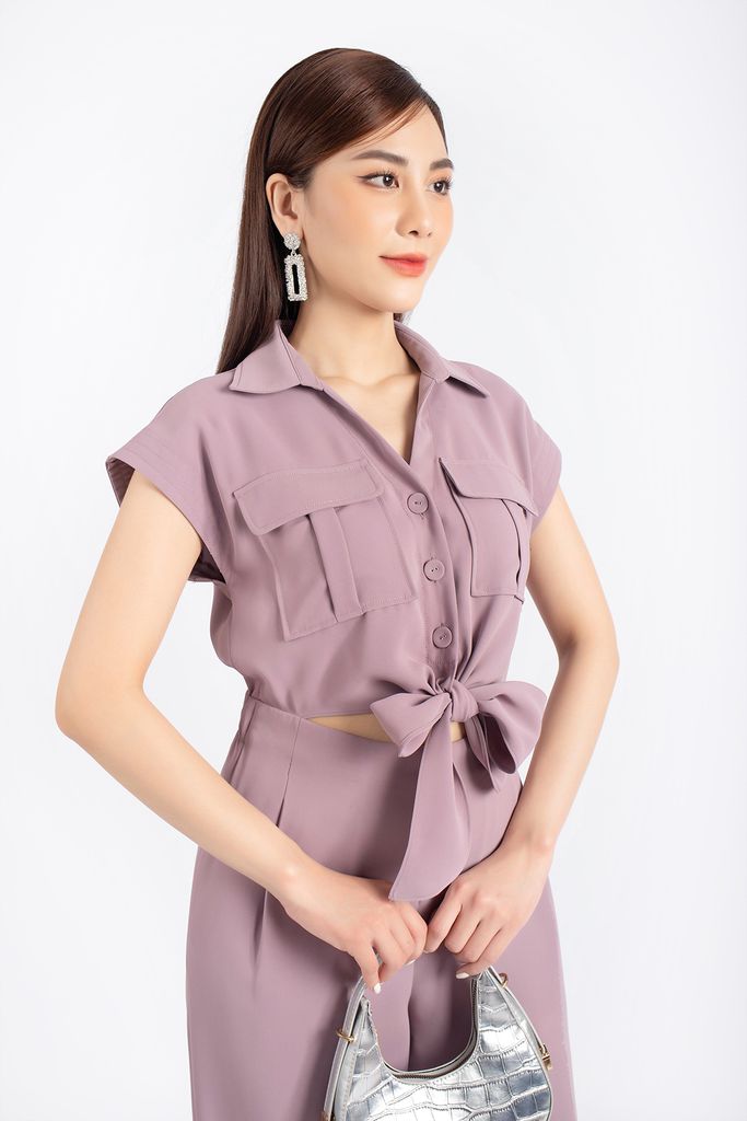 FJS7153 - Jumpsuit dạo phố vải tuytsi dáng suông vai chờm phối túi hộp eo buộc nơ tạo kiểu quần ống rộng - PANTIO