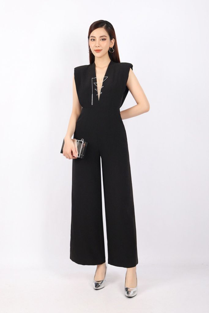 FJS7175 - Jumpsuit công sở vải tuytsi dáng ôm cổ V phối lưới dây kim loại tạo kiểu độn cầu vai quần ống rộng khóa thân sau - PANTIO