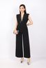 FJS7175 - Jumpsuit công sở vải tuytsi dáng ôm cổ V phối lưới dây kim loại tạo kiểu độn cầu vai quần ống rộng khóa thân sau - PANTIO