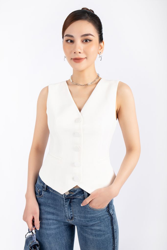 FKM9671 - Áo vest gile vải thô dáng ôm cổ V cài cúc bọc túi hai bên hông - PANTIO