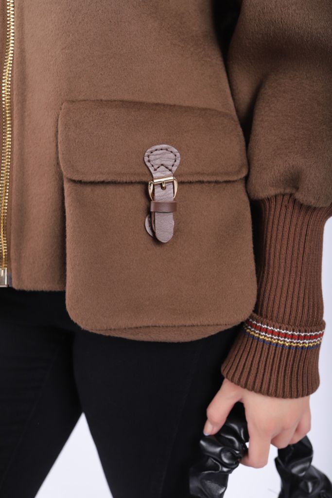 FMO245 - Áo khoác dạ lông cừu cao cấp dáng suông cổ bẻ kéo khóa thân phối túi kiểu trang trí - PANTIO