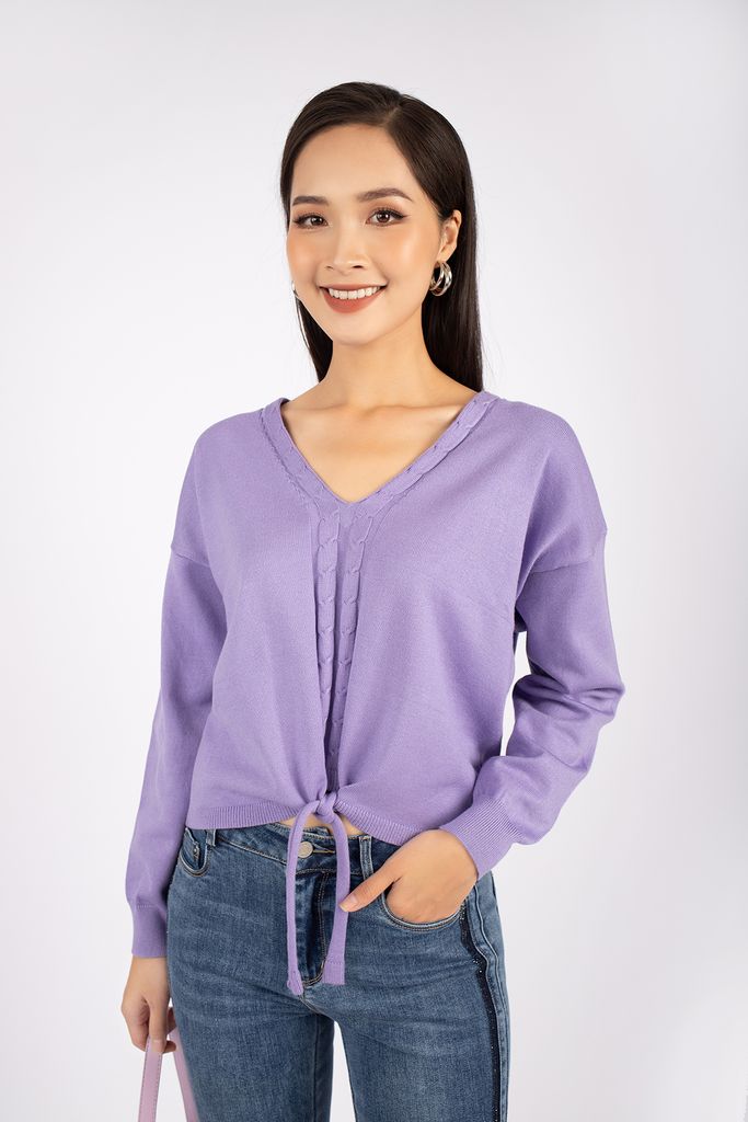 FOL245 - Áo len cao cấp dạo phố dáng suông cổ V cạp buộc dây tạo kiểu - PANTIO