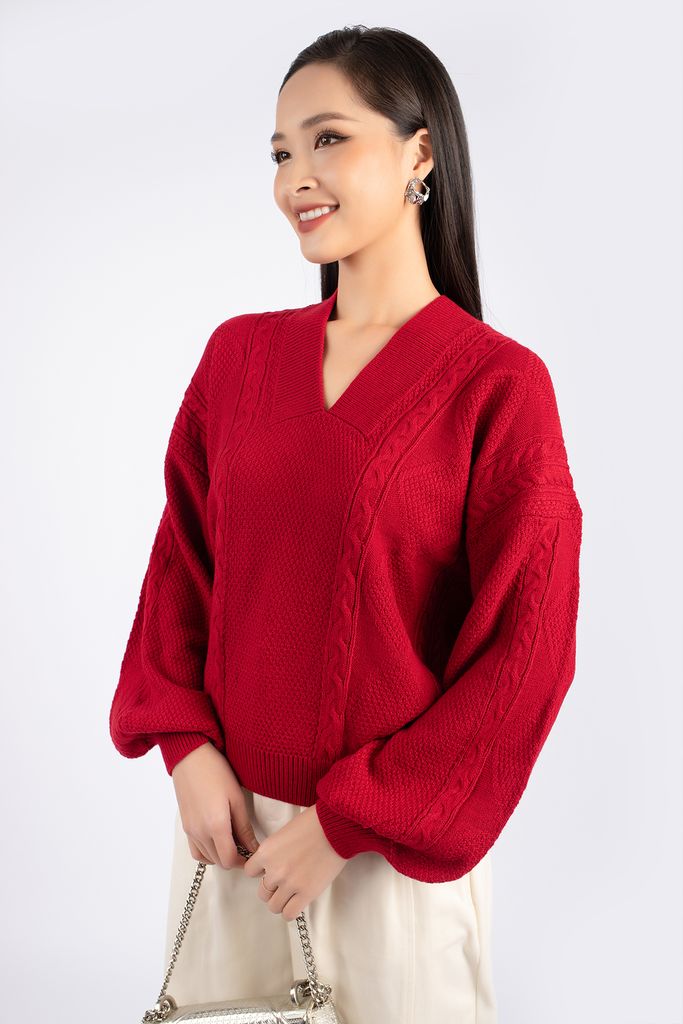 FOL249 - Áo len cao cấp dáng rộng cổ V vai chờm tay cánh rơi - PANTIO