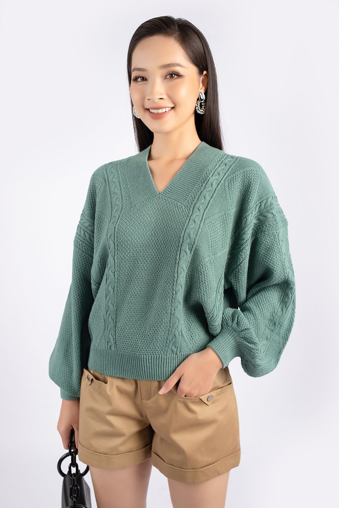 FOL249 - Áo len cao cấp dáng rộng cổ V vai chờm tay cánh rơi - PANTIO