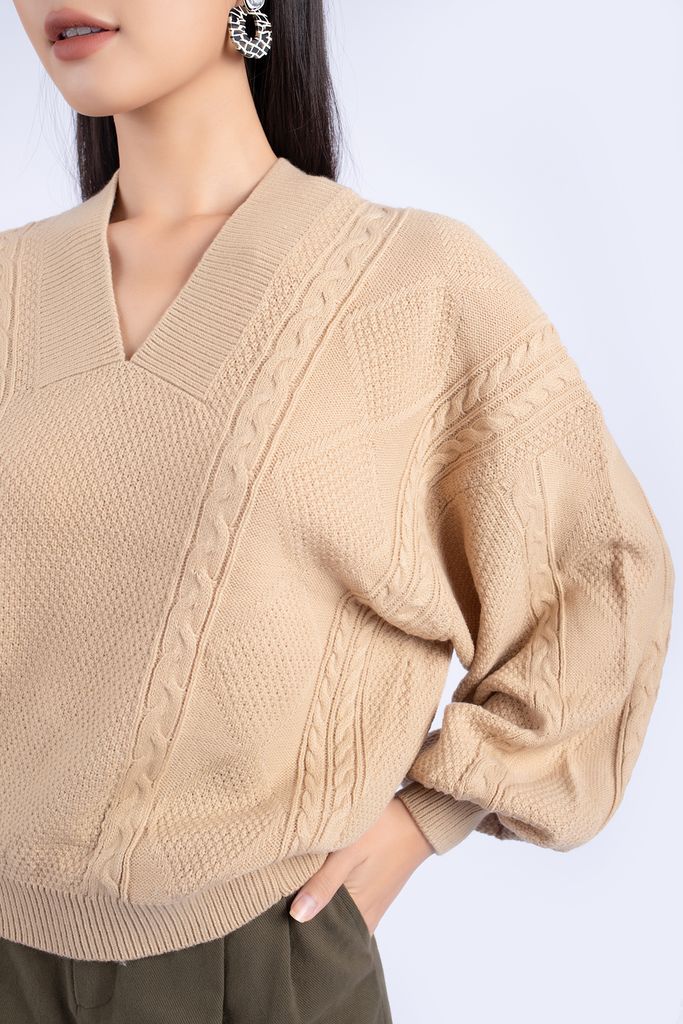FOL249 - Áo len cao cấp dáng rộng cổ V vai chờm tay cánh rơi - PANTIO
