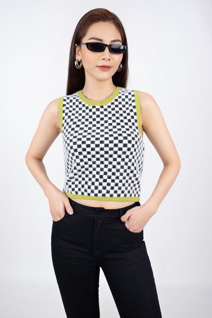 FOL270 - Áo len kiểu vải sợi bông dáng croptop cổ tròn sát nách - PANTIO