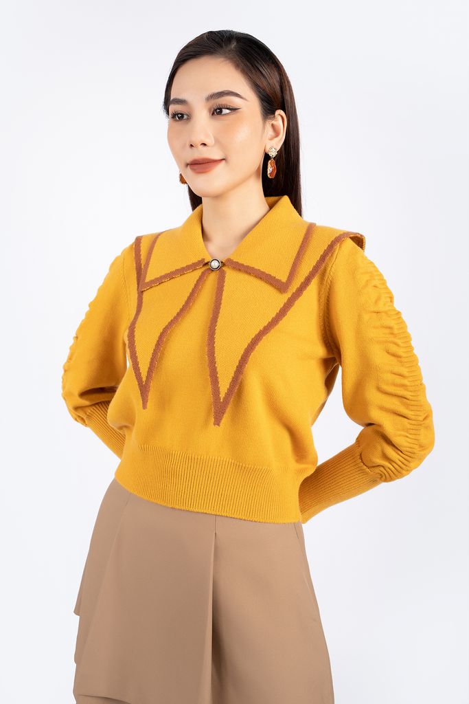FOL310 - Áo len cao cấp dáng suông bo cạp cổ kiểu hai tầng tay xếp nhún trang trí - PANTIO