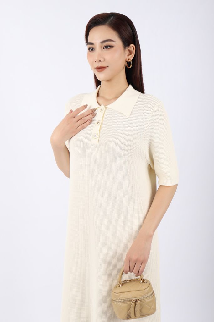 FOL398 - Đầm len cao cấp dáng suông cổ đức nẹp pha vải khác màu tạo kiểu - PANTIO
