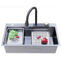 Chậu rửa bát 1 hố mầu ghi xám BRODA kèm vòi thác tiện dụng kích thước lớn 78x46cm