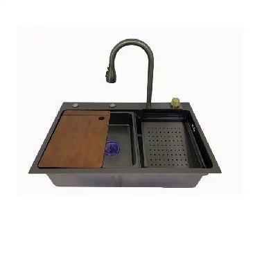 Chậu rửa bát 1 hố mầu đen FAHKLER kèm vòi thác tiện dụng kích thước lớn 75x45cm