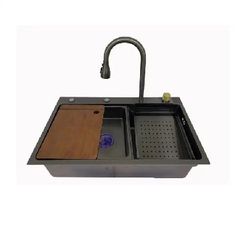 Chậu rửa bát 1 hố mầu đen BRODA kèm vòi thác tiện dụng kích thước lớn 75x45cm