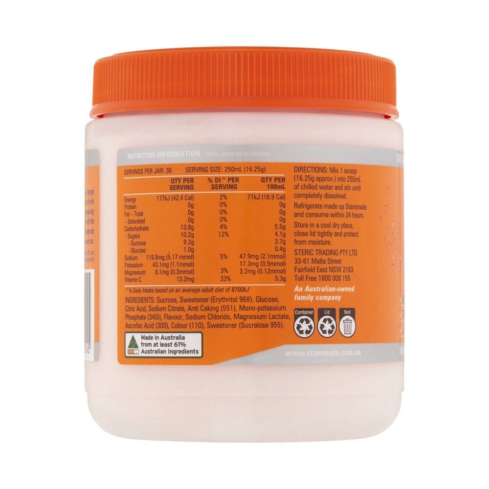 Đường thể thao vị cam hỗ trợ tăng năng lượng Staminade Hydrate Orange Reduced Sugar 25% Powder của Úc 585g