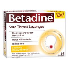 Viên ngậm vị mật ong chanh Betadine Sore Throat Lozenges của Úc 36 viên