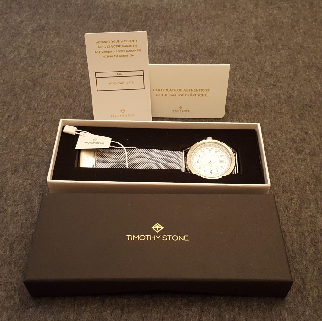 1 Đồng hồ nam hiệu Timothy Stone dây thép bạc