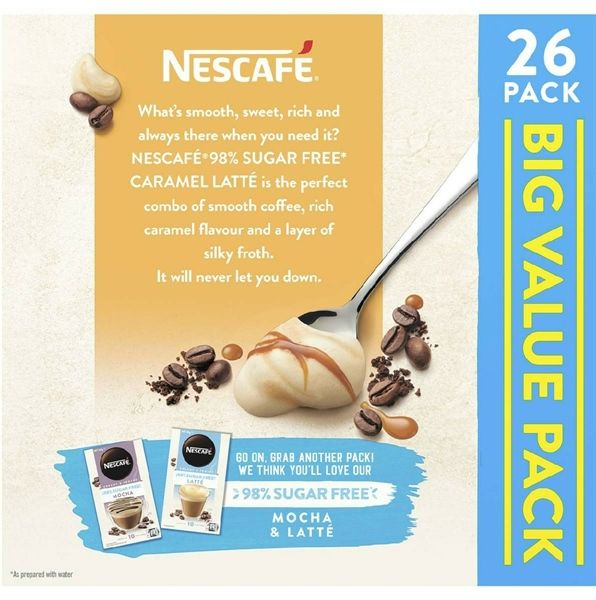 Cafe Pha sẵn Nescafe 98% Sugar Free Caramel Latte Loại Ít Đường - Hộp 26 Gói