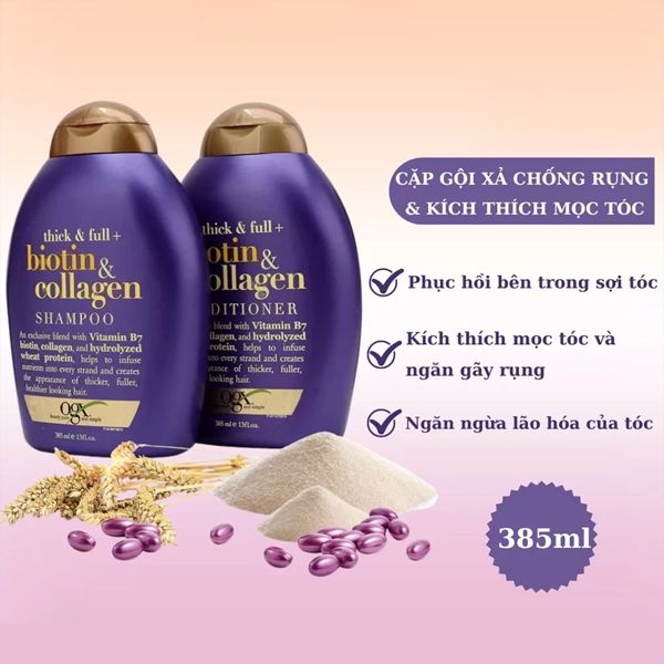 Cặp 2 DẦU GỘI Kích Thích Mọc Tóc OGX Thick & Full Biotin & Collagen của Mỹ 385ml