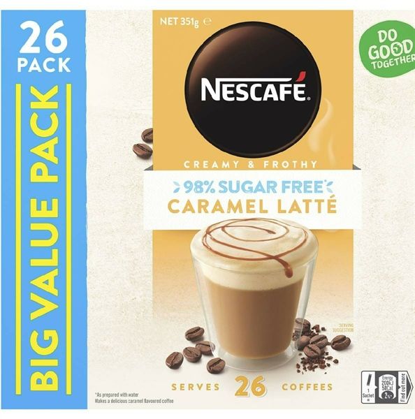 Cafe Pha sẵn Nescafe 98% Sugar Free Caramel Latte Loại Ít Đường - Hộp 26 Gói