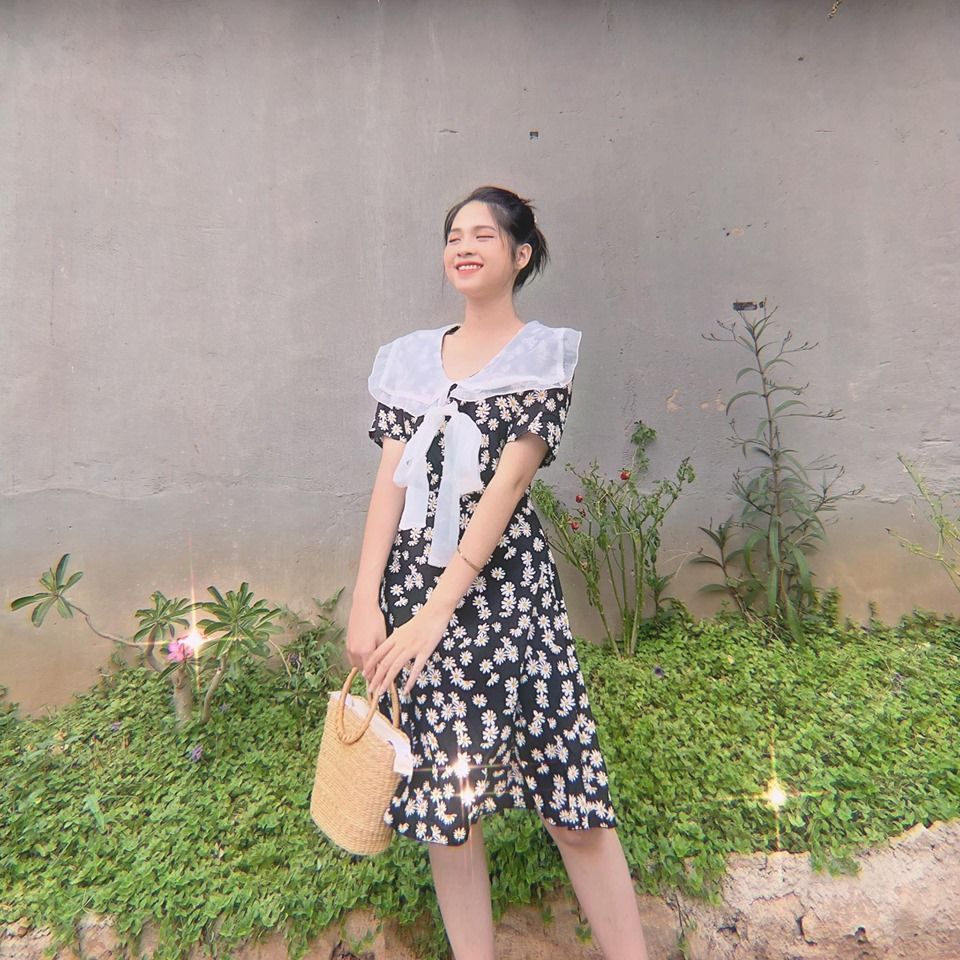 Đầm hoa cúc đen phối cổ trắng nơ