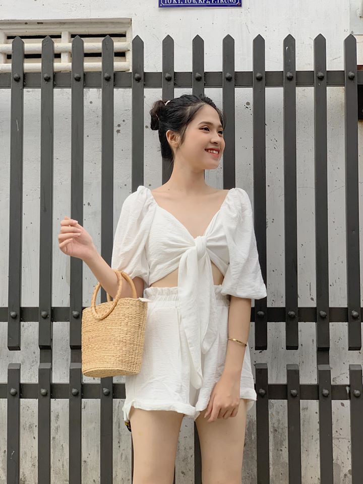 Set áo crop cột nơ + short đũi