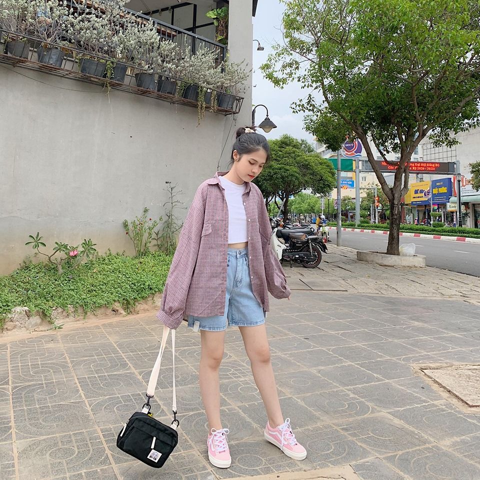 Áo sơmi sọc caro tay bí