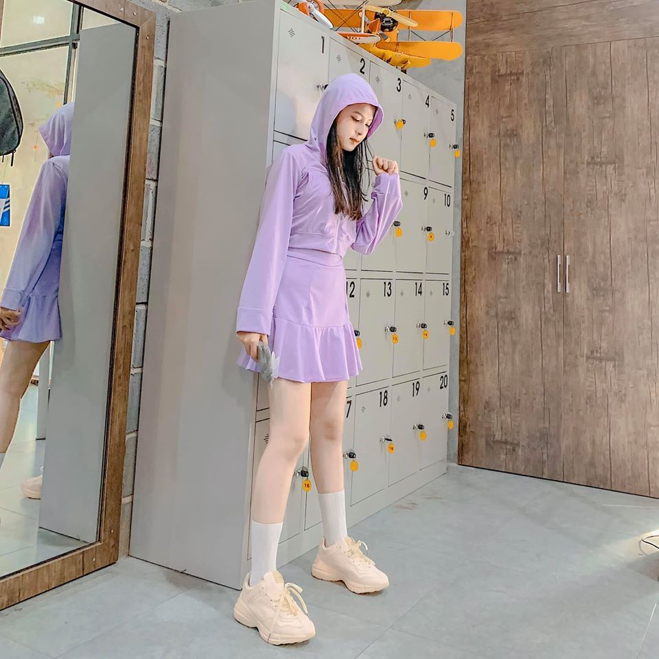 Set áo hoodie dây kéo Tím + chân váy bèo