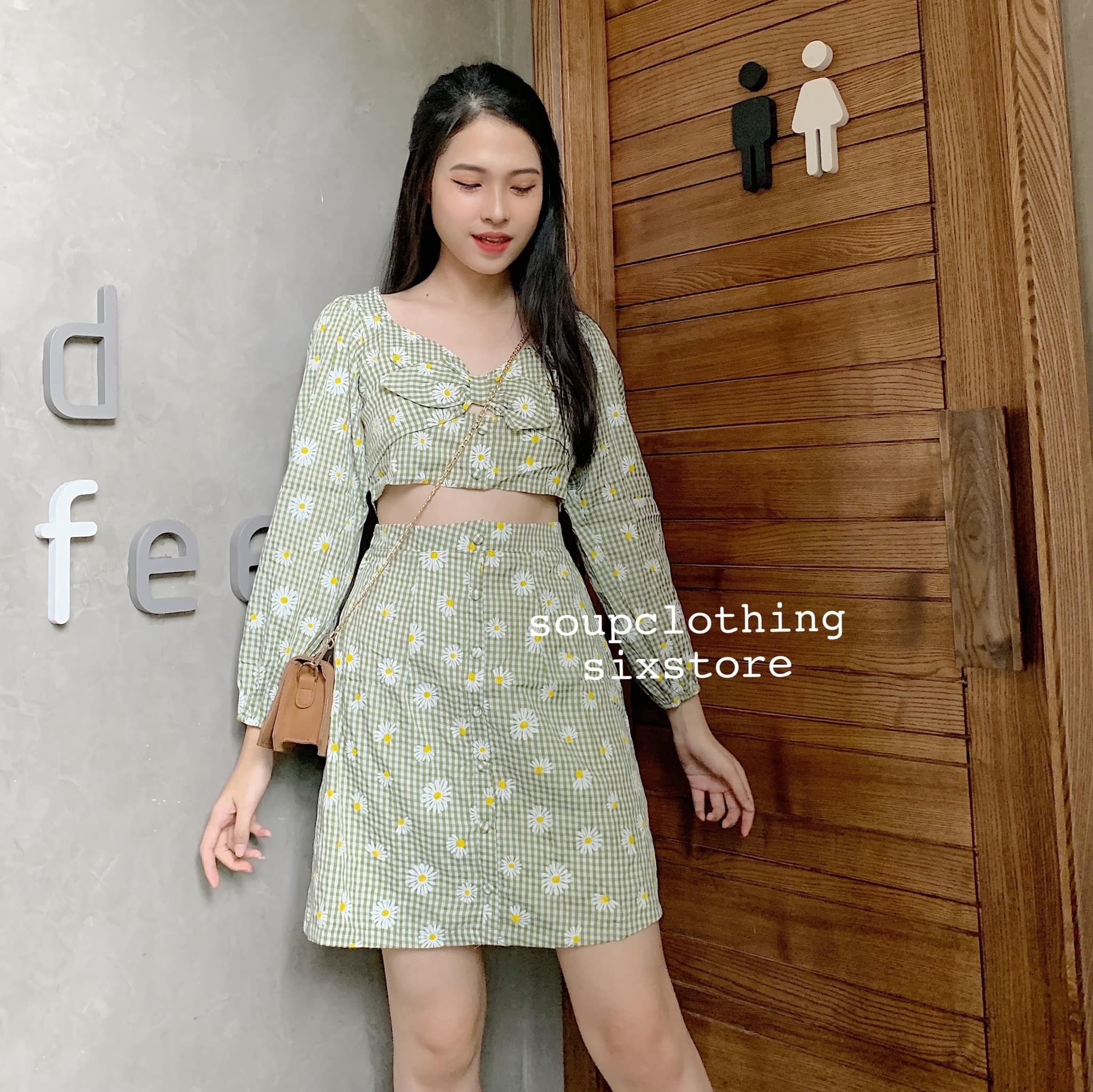 Set xanh áo cột nơ + chân váy