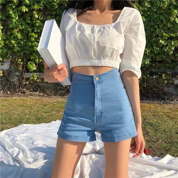 Quần short jean trơn lưng cao