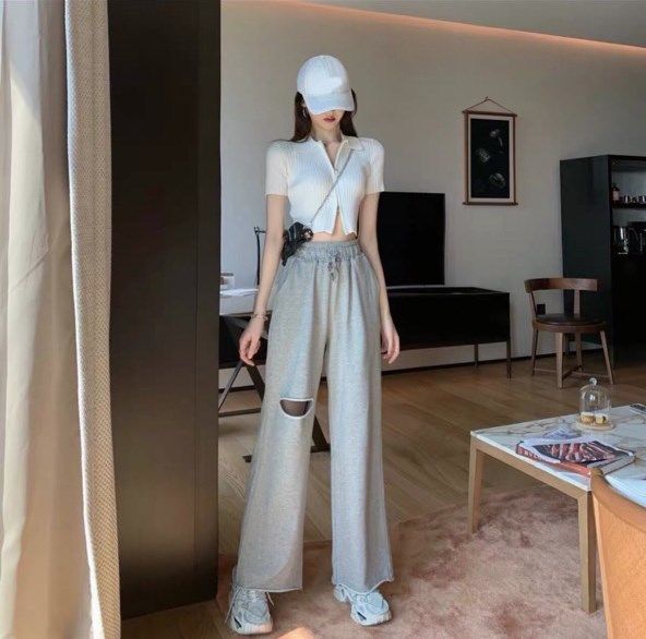 Set áo trắng dây kéo + quần suông