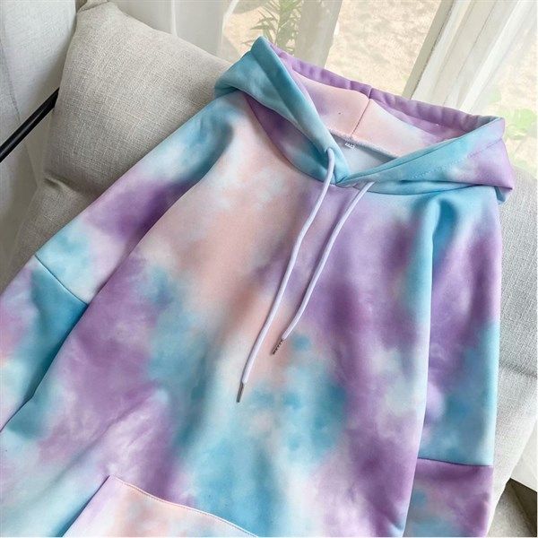 Áo hoodie loang màu trơn xanh hồng tím