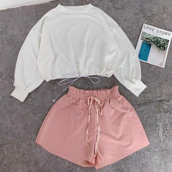 Set áo tay dài rút dây + short hồng