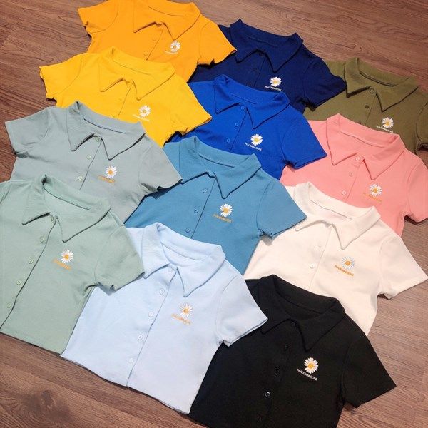 Áo croptop polo hoa cúc thêu