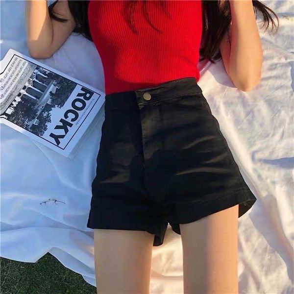 Quần short jean trơn lưng cao