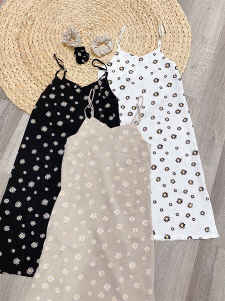 Đầm suông 2 dây hoa cúc kèm scrunchie