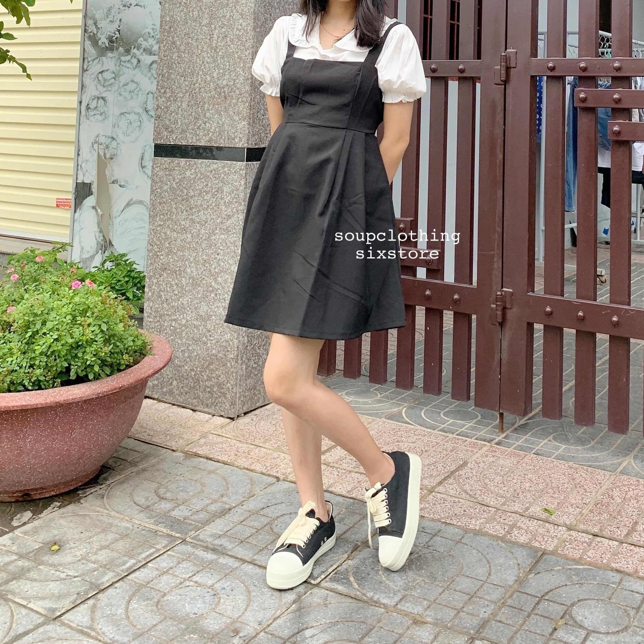 Set áo cổ sen + váy đen
