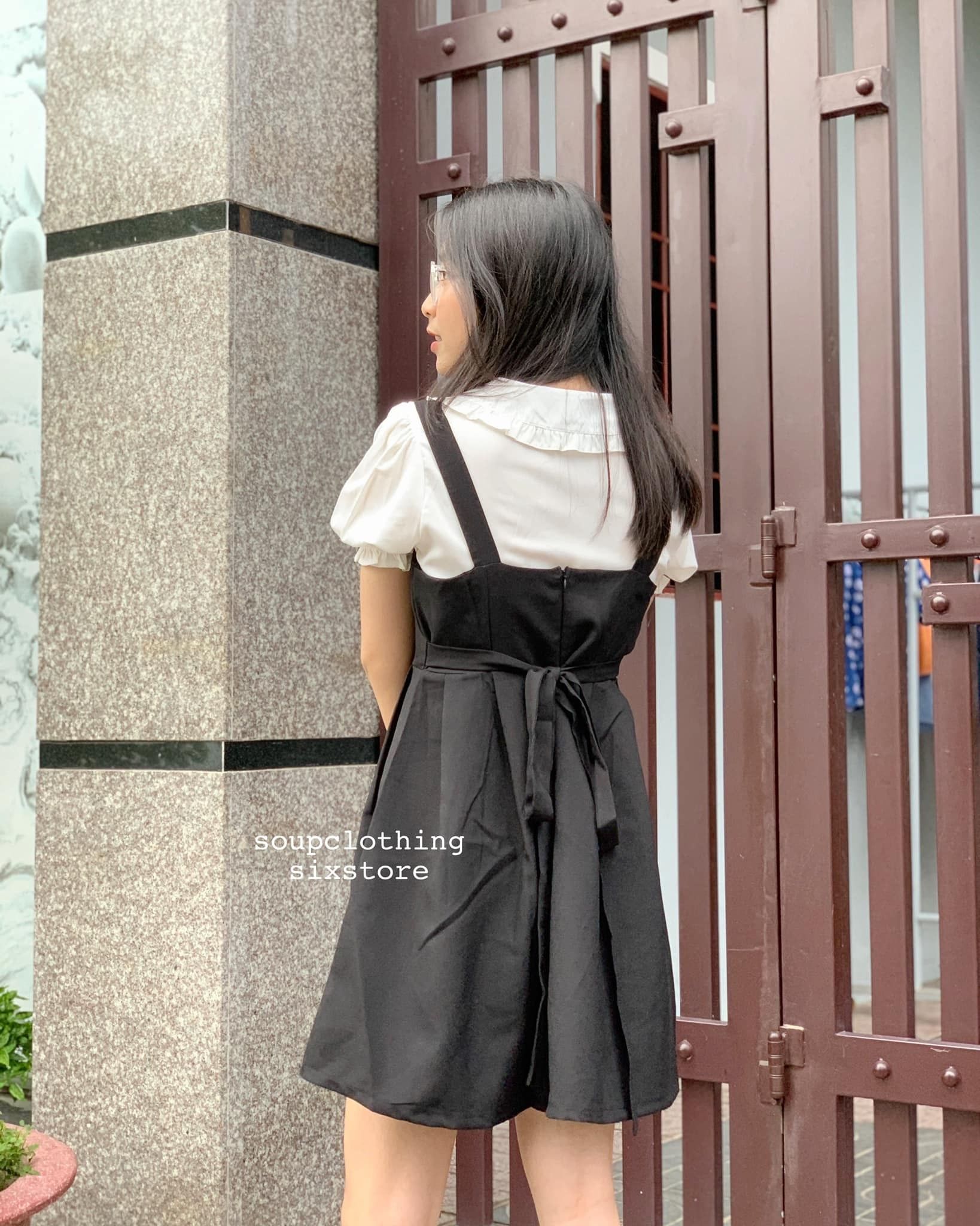 Set áo cổ sen + váy đen