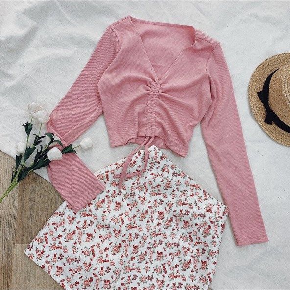 Set áo rút dây + váy hoa