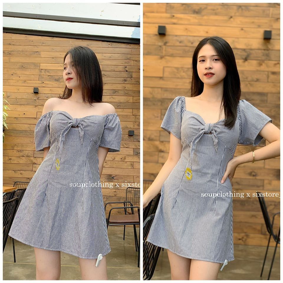 Đầm sọc cột nơ ngực