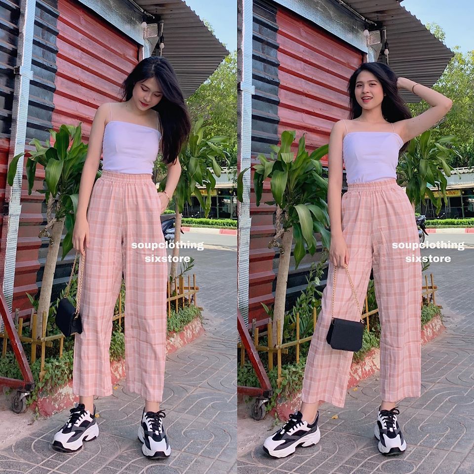 Quần suông caro hồng