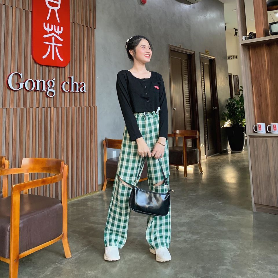 Quần suông caro khoá kéo gối