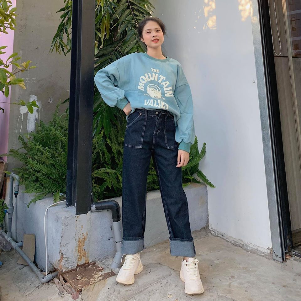 Quần baggy jean thêu chỉ nổi