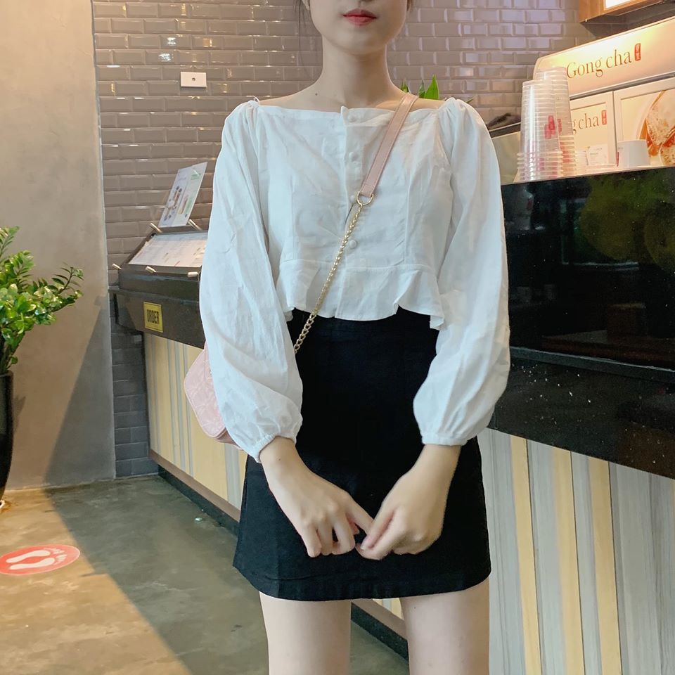 Áo kiểu phối bèo nút bọc